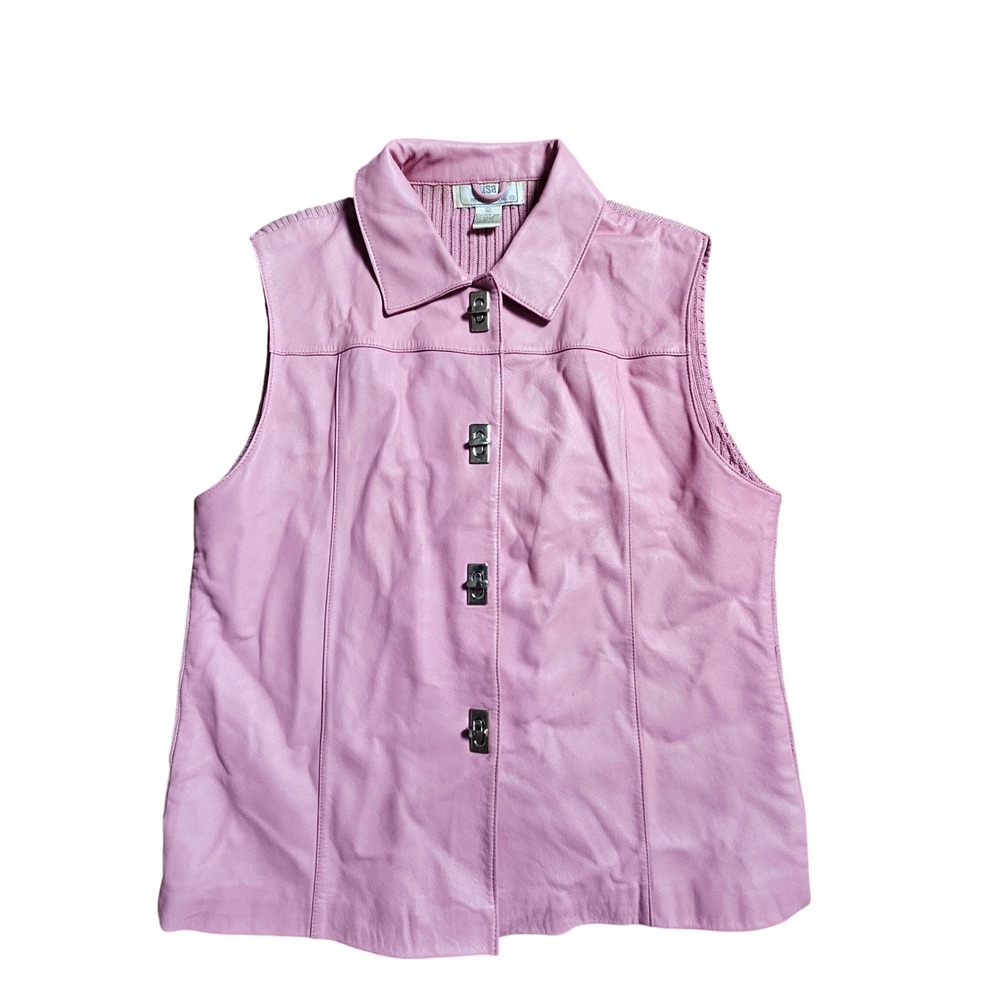Vintage Lisa International Lambskin Leather Knit Back Turn-Lock Vest XL Boho‎
